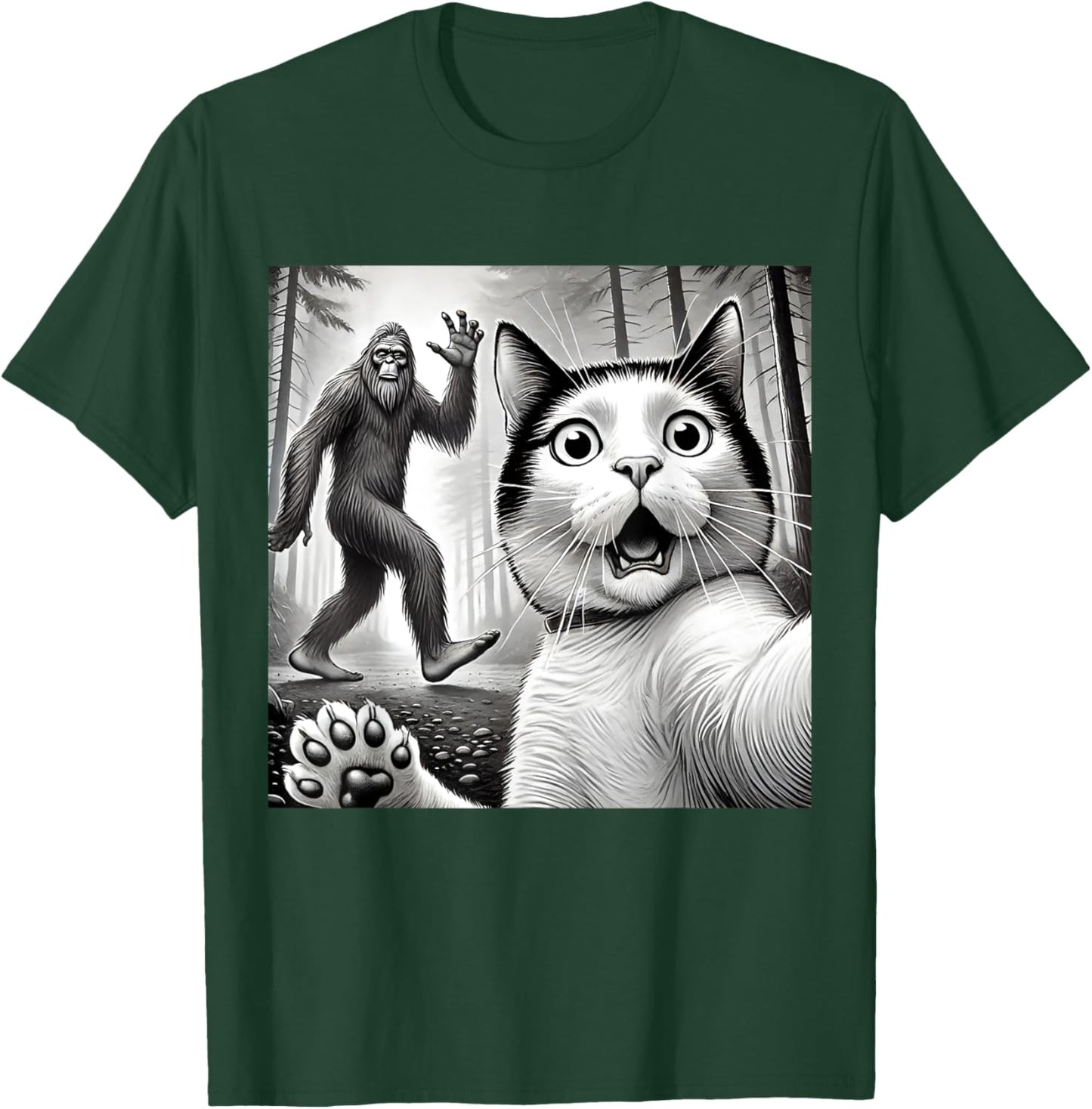 Funny Surprised Scared Cat Taking Selfie with Bigfoot Women Kids T-Shirt - T-Shirt | Forest