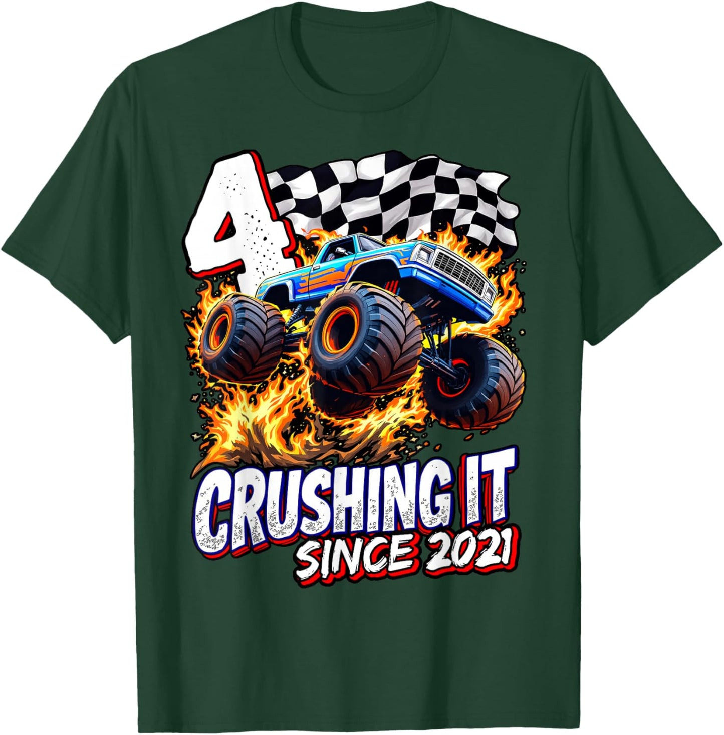 Birthday Monster Truck 4 year Old Boys 4th Party Born 2021 T-Shirt - T-Shirt | Forest