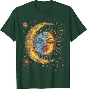 Mystical Sun and Moon with Woman Mystical Flowers Aesthetic T-Shirt - T-Shirt | Forest