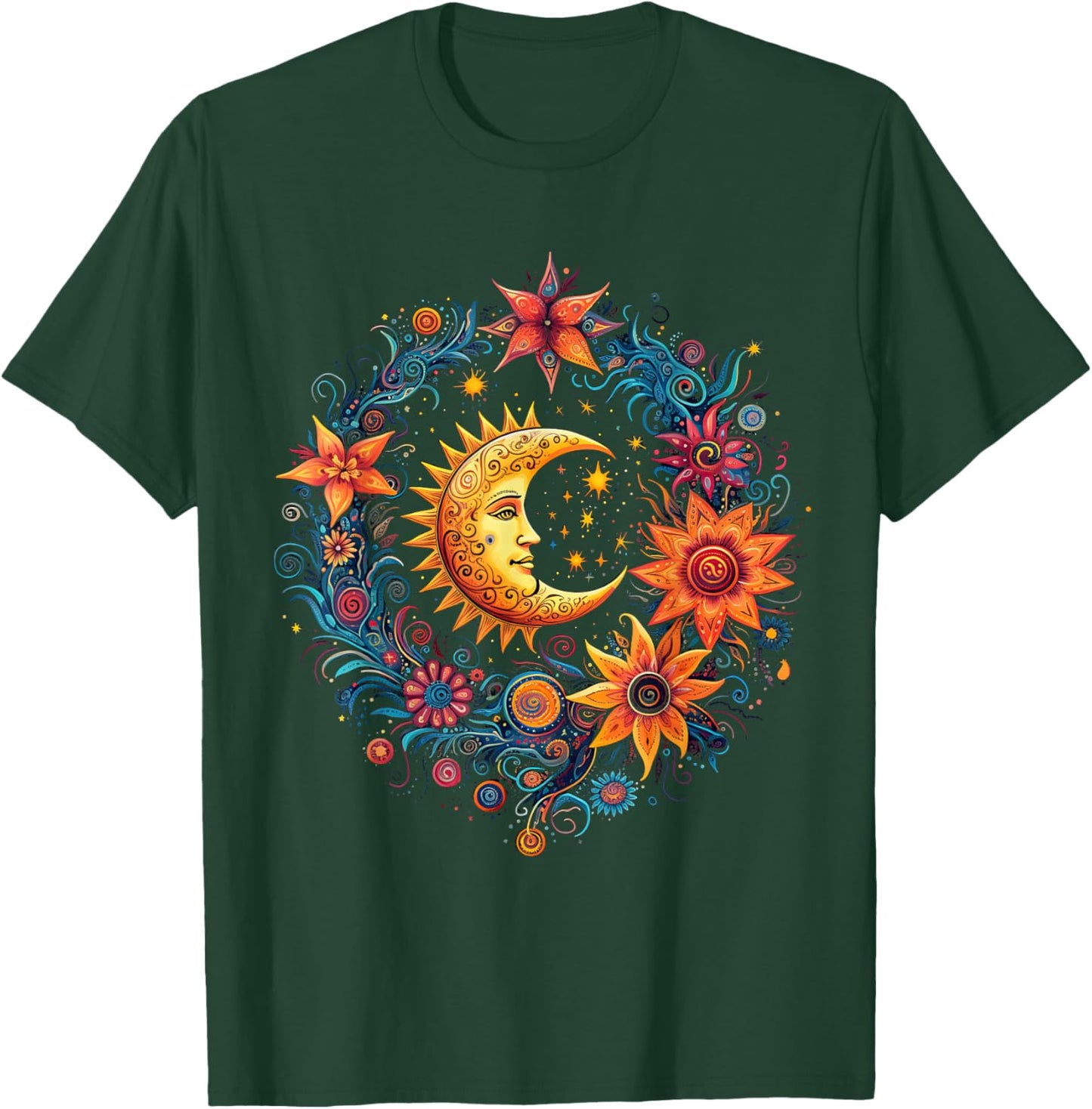 Mystical Sun and Moon with Woman Mystical Flowers Aesthetic T-Shirt - T-Shirt | Forest