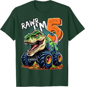 Monster Truck Dinosaur T-Rex 5th Birthday Boy 5 Year Old T-Shirt - T-Shirt | Forest