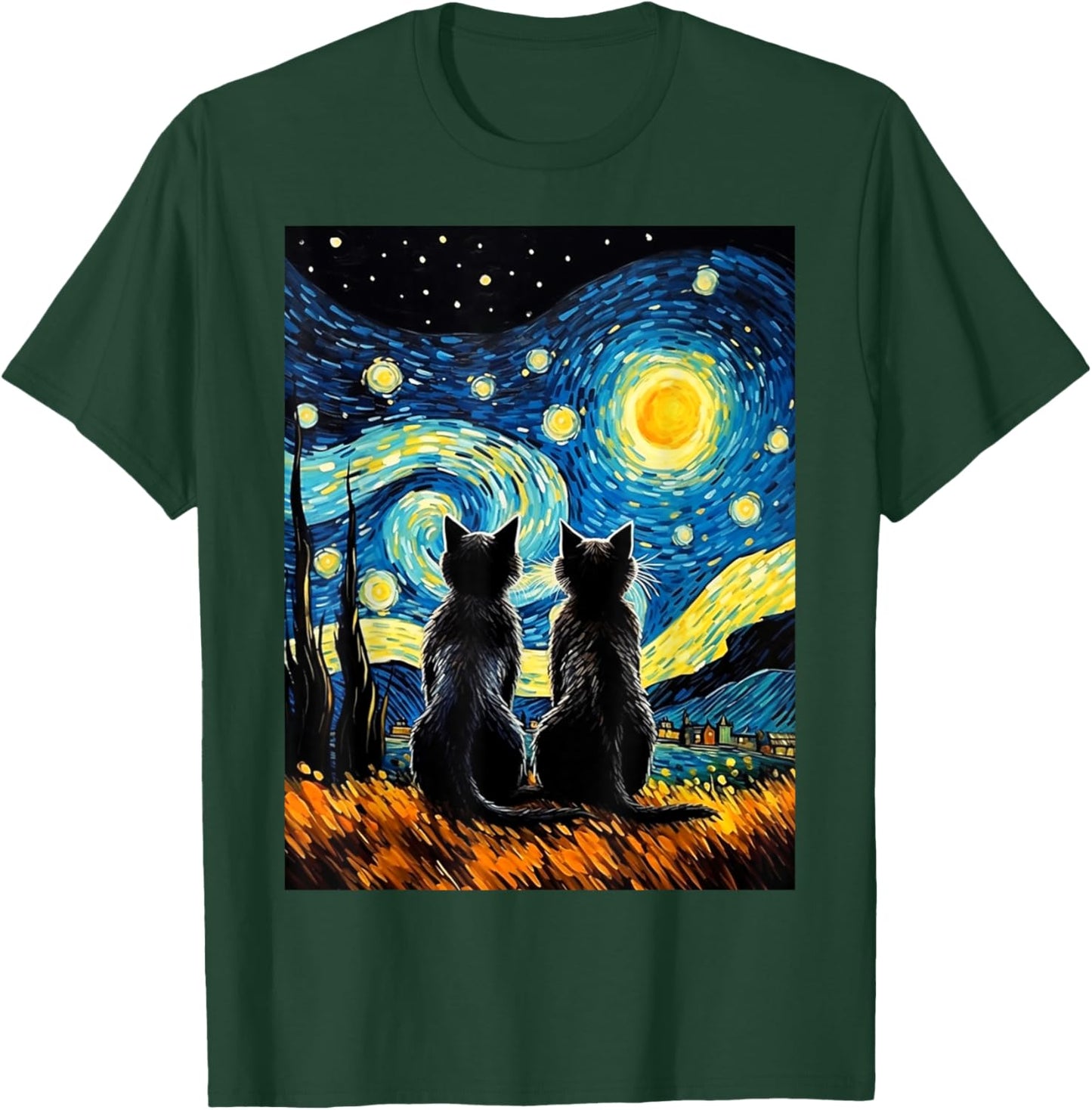 Black Cats Lover Starry Night Vincent van Gogh T-Shirt - T-Shirt | Forest