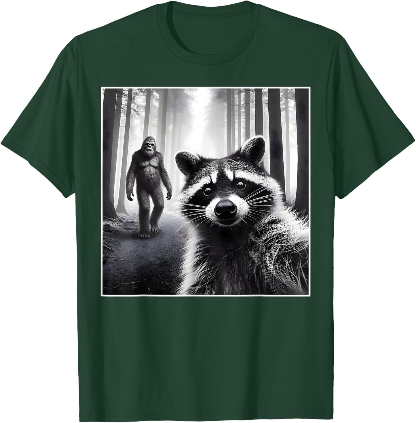 Scared Raccoon Selfie with Sasquatch Bigfoot Funny Raccoon T-Shirt - T-Shirt | Forest
