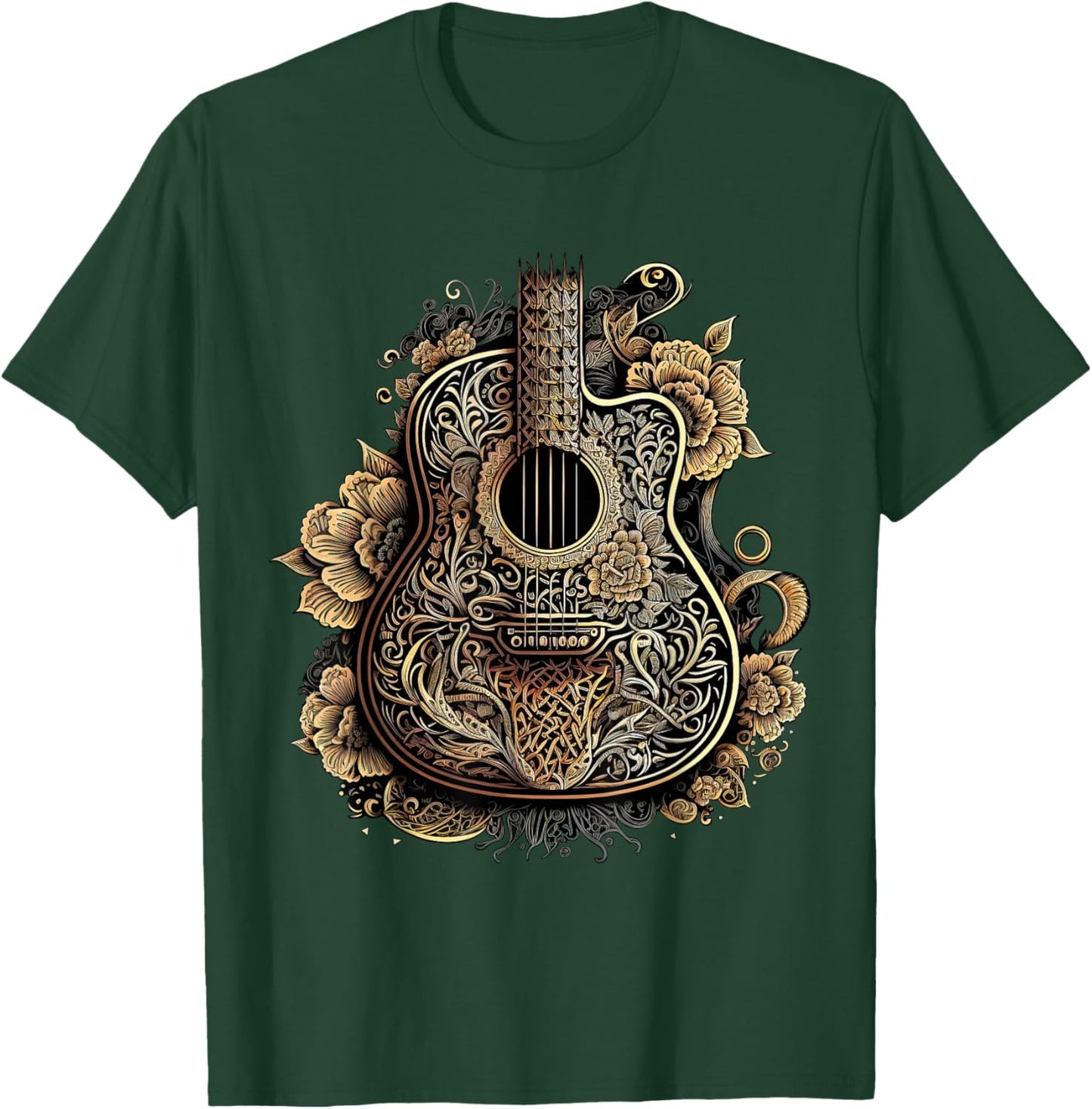 Guitar Graphic Music Lover - Acoustic Guitar Musician Floral T-Shirt - T-Shirt | Forest