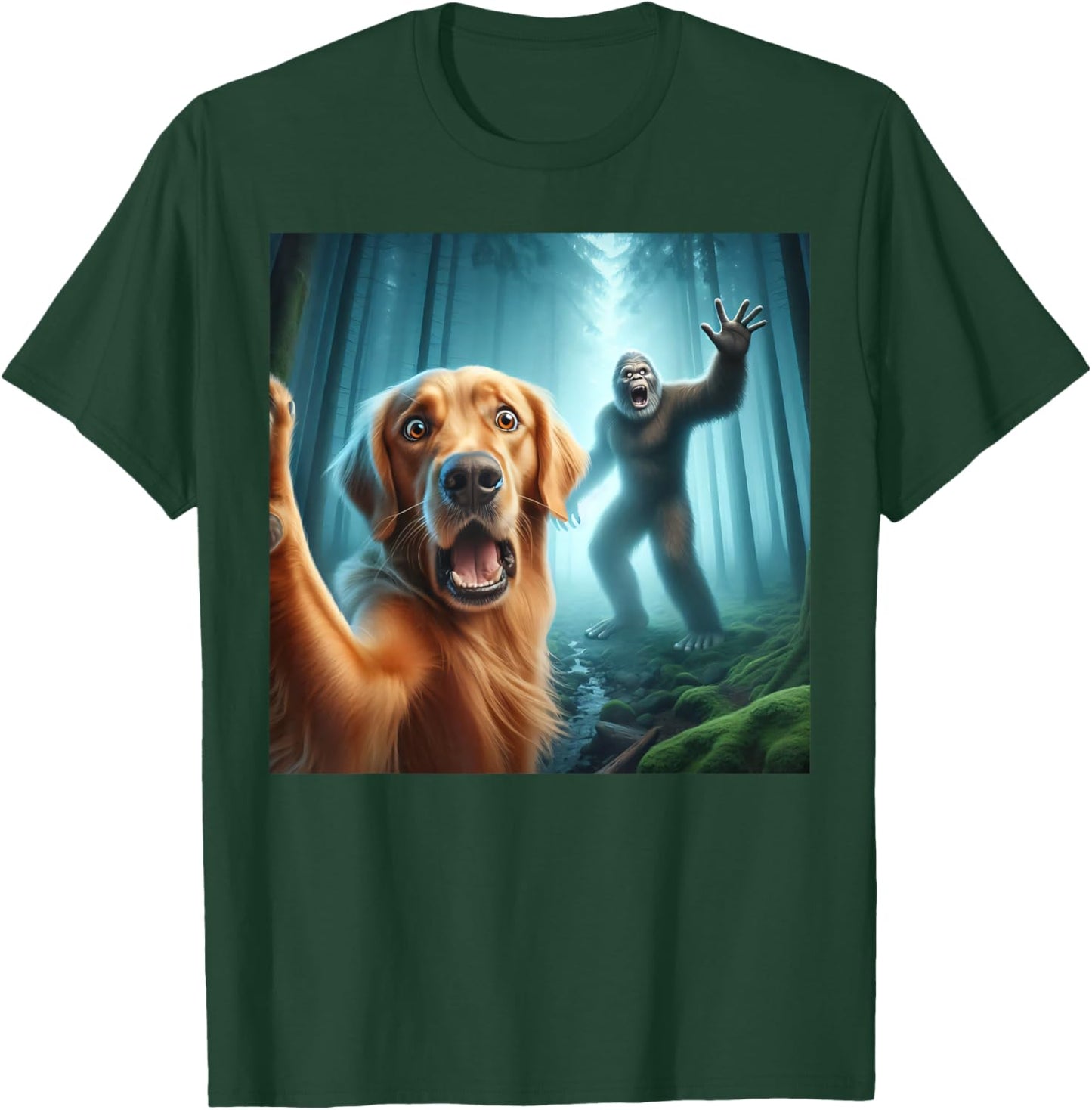 Golden retriever Selfie with bigfoot sasquatch T-Shirt - T-Shirt | Forest