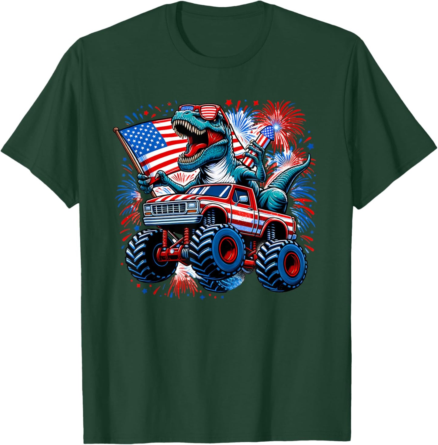 July 4th Patriotic T-Rex Dinosaur Monster Truck Fireworks T-Shirt - T-Shirt | Forest