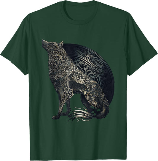 Wolf silhouette, Gaelic Celtic style, ornaments animal norse T-Shirt - T-Shirt | Forest