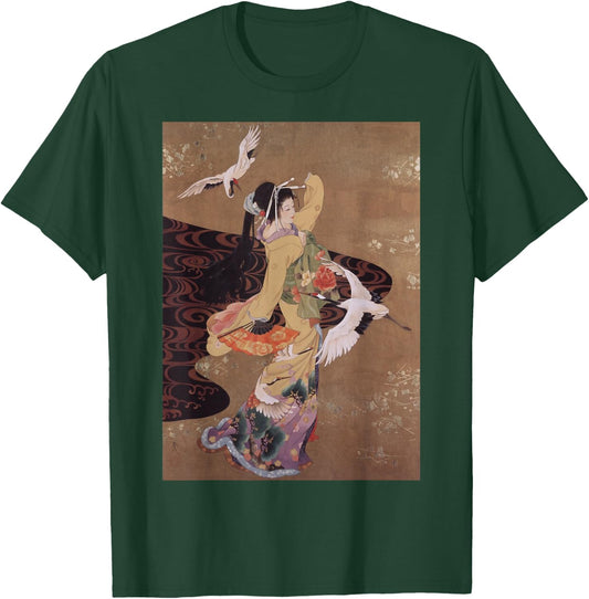 Dance of Cranes Japanese Retro Art Small T-Shirt - T-Shirt | Forest