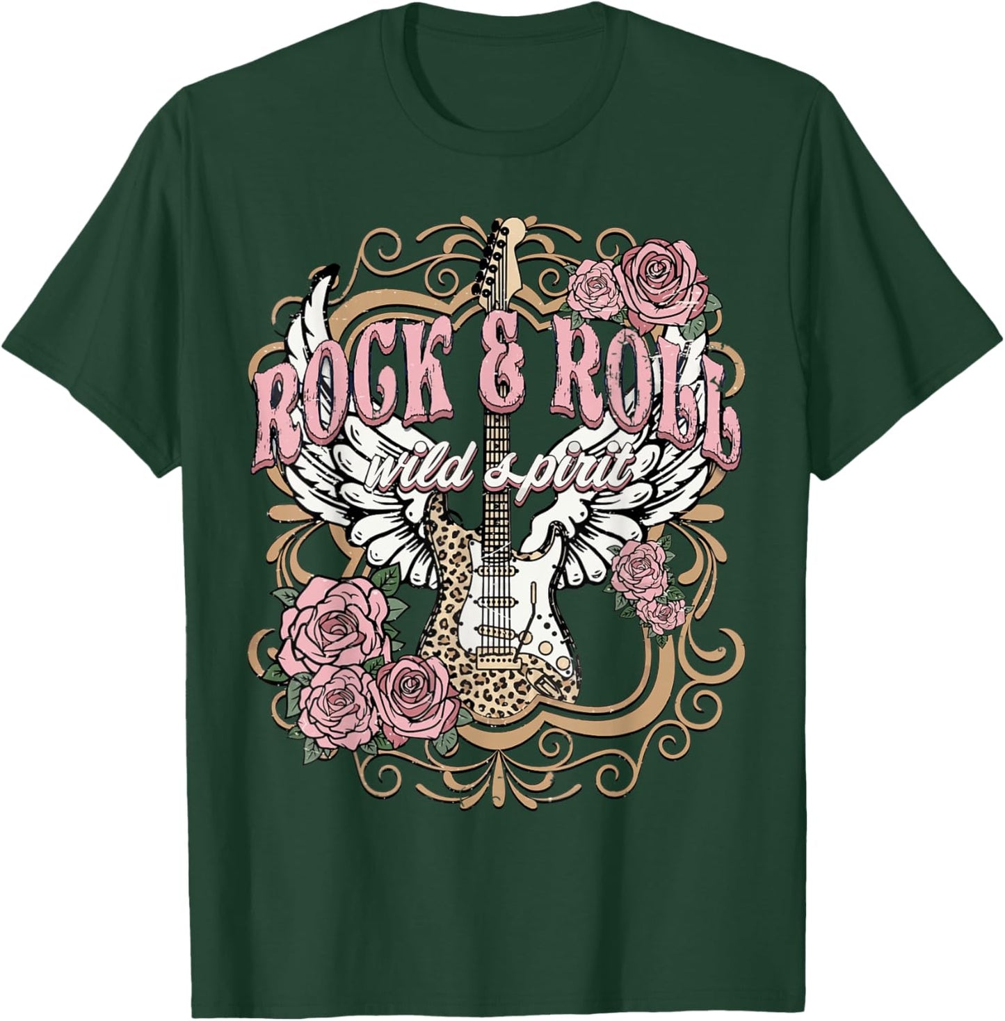 Vintage Rock n Roll Wild Spirit Lets Rock Guitar Floral T-Shirt - T-Shirt | Forest