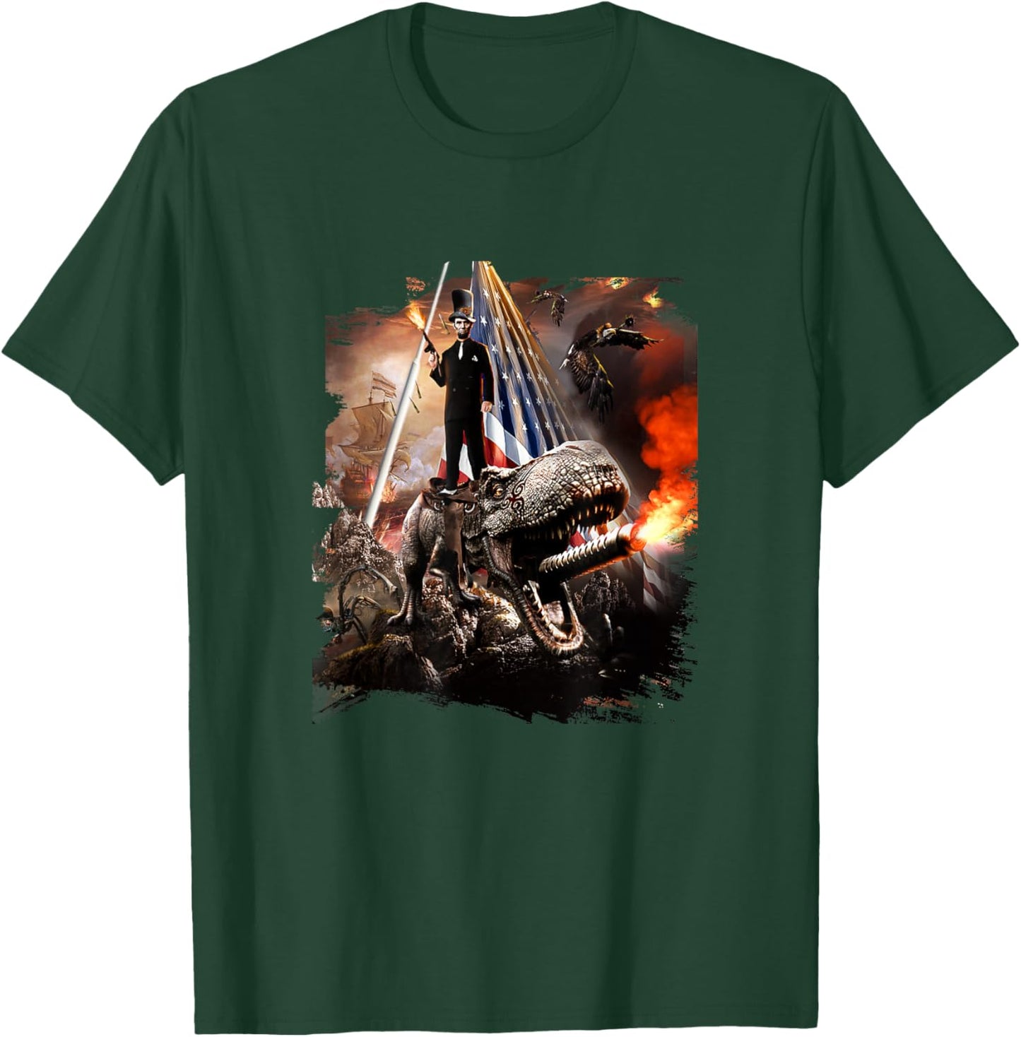 Abe Lincoln Riding Dinosaur American Patriotic Funny T-Shirt - T-Shirt | Forest