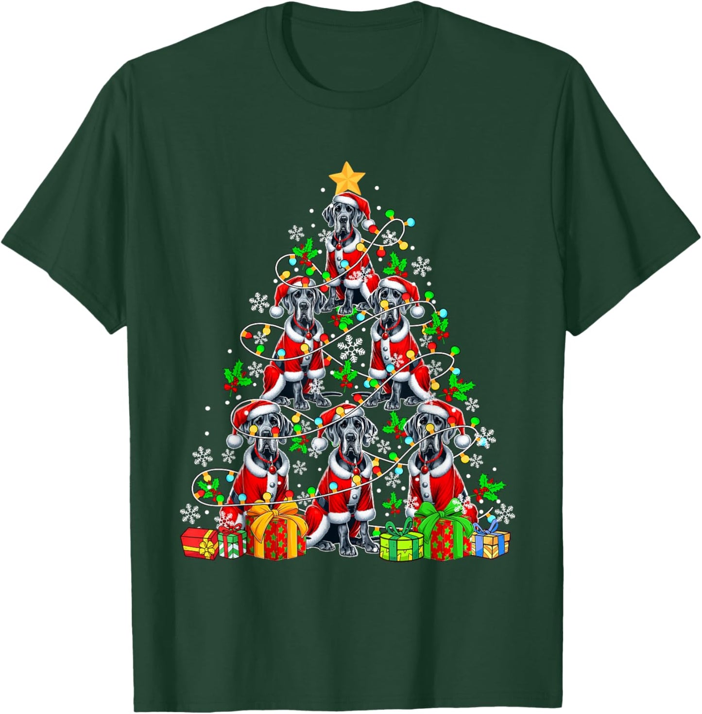 Group Santa Great Danes As Xmas Tree Colorful Lights Owner T-Shirt - T-Shirt | Forest