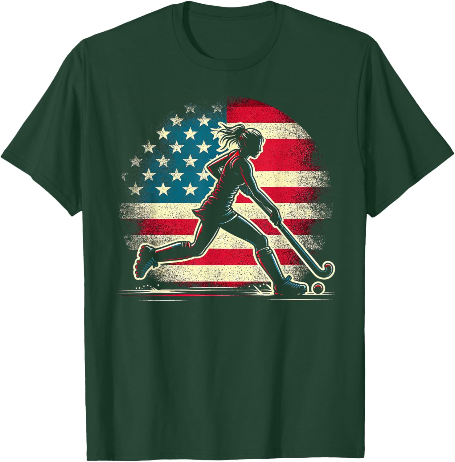 Field Hockey Girl USA United States Of America Flag T-Shirt - T-Shirt | Forest