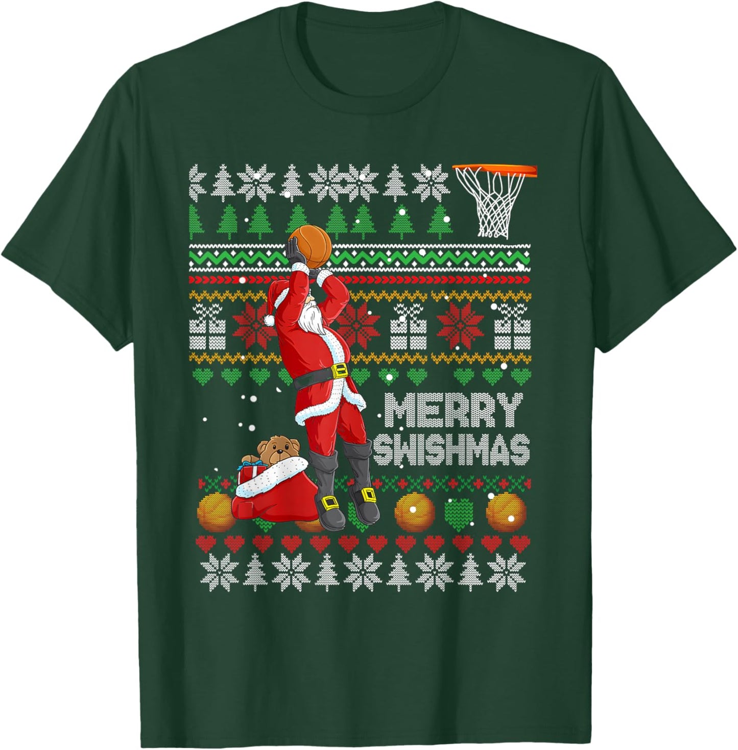 Funny Merry Swishmas Christmas Santa Playing Basketball Kids T-Shirt - T-Shirt | Forest