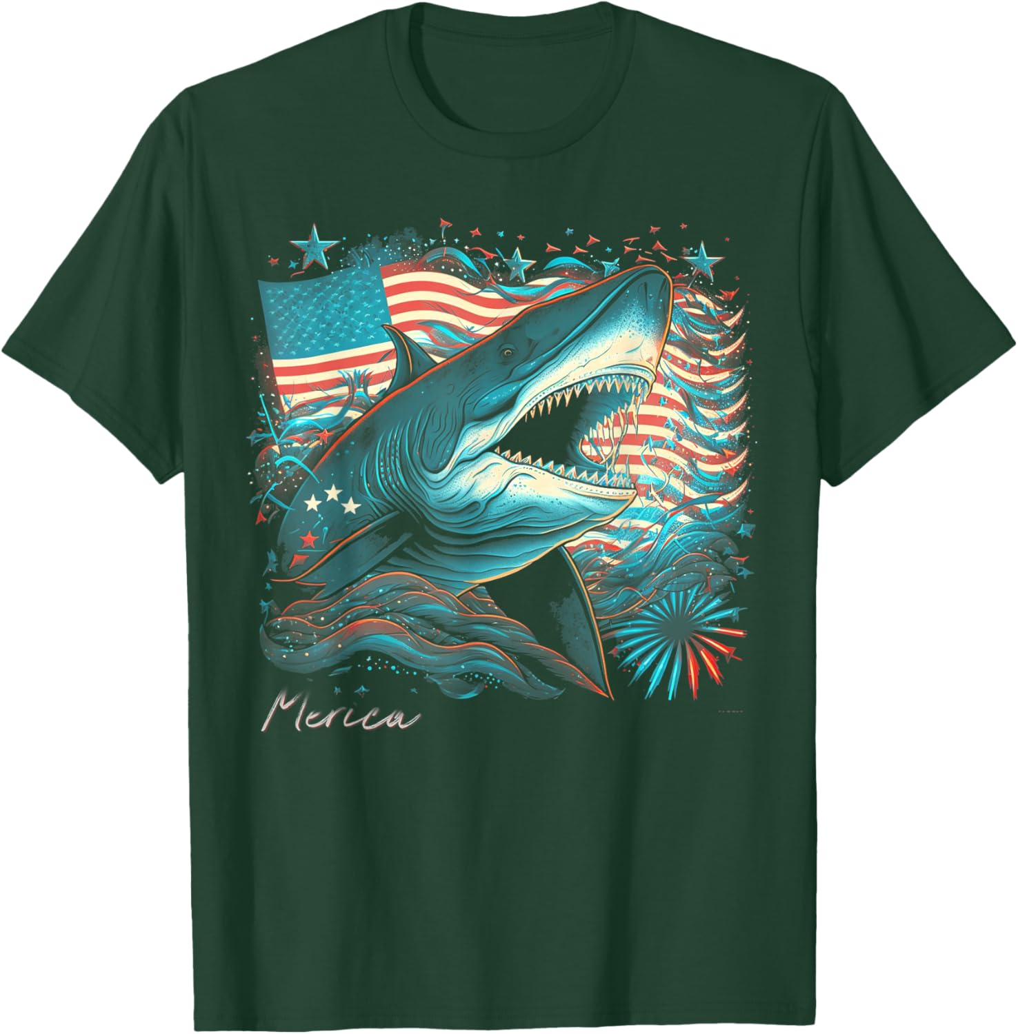 Shark Funny 4th of July American Flag Patriotic America USA Kids Men T-Shirt - T-Shirt | Forest