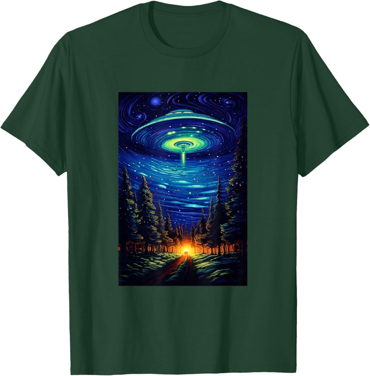 UFO Aliens Flying Saucer - Van Gogh Style - Starry Night T-Shirt - T-Shirt | Forest