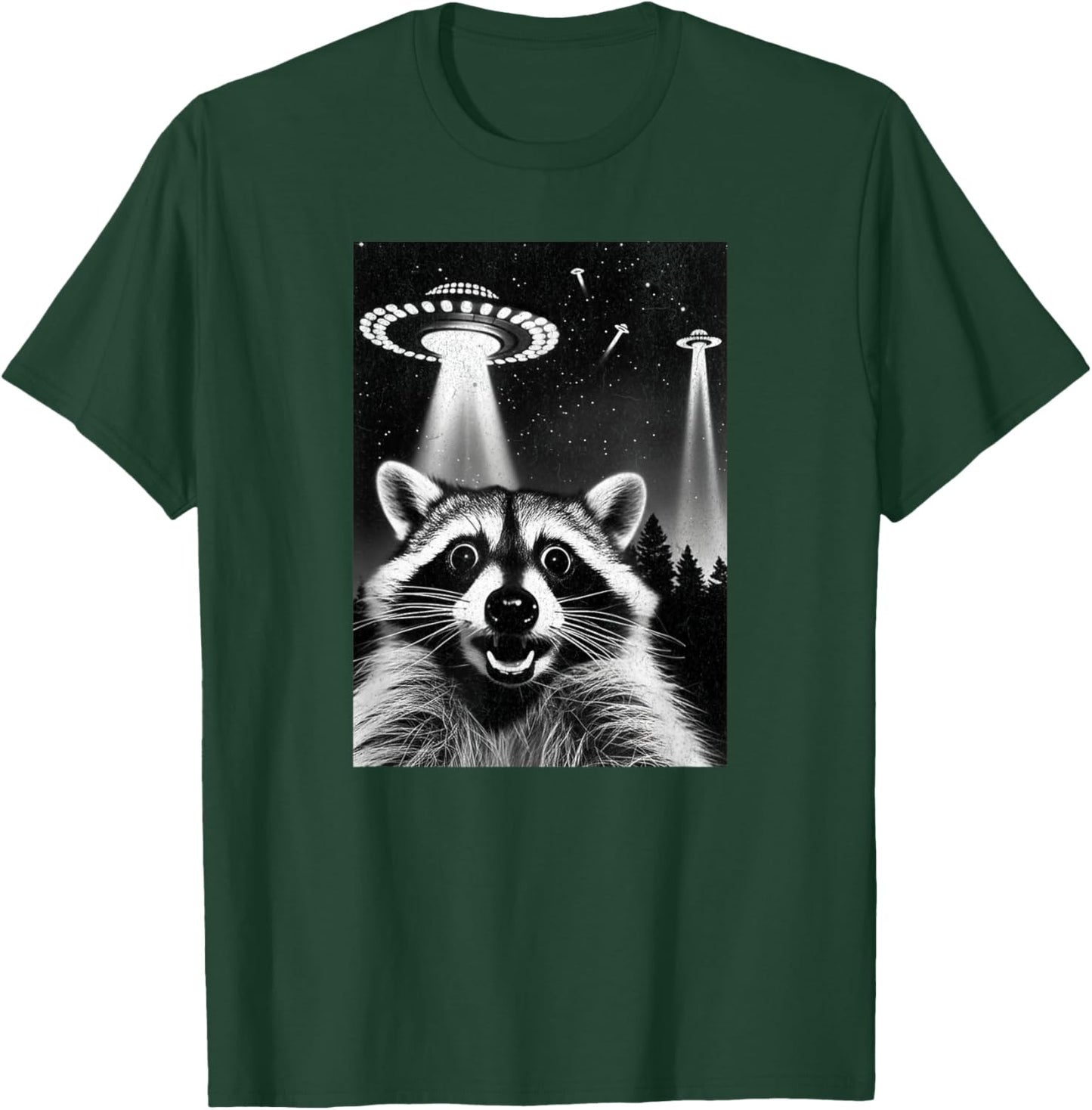 Raccoon UFO | Funny Invasion Meme Alien Raccoon UFO Selfie T-Shirt - T-Shirt | Forest
