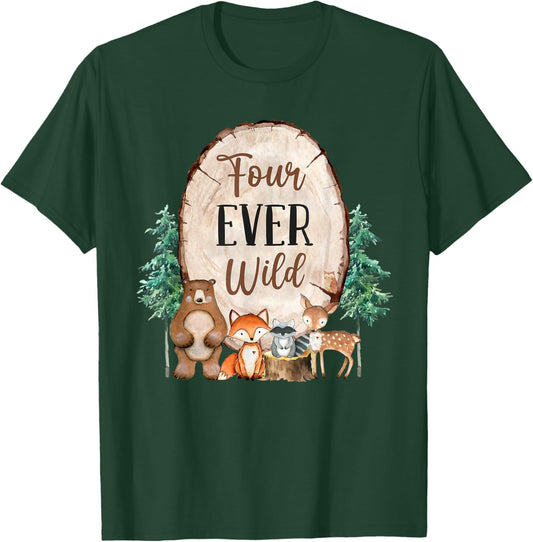 Four Ever Wild Zoo Theme 4th Birthday Woodland Safari Jungle T-Shirt - T-Shirt | Forest