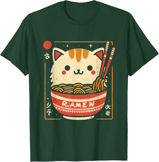 Ramen Cat Kawaii Neko Japanese Noodles Aesthetic Otaku Lover T-Shirt - T-Shirt | Forest