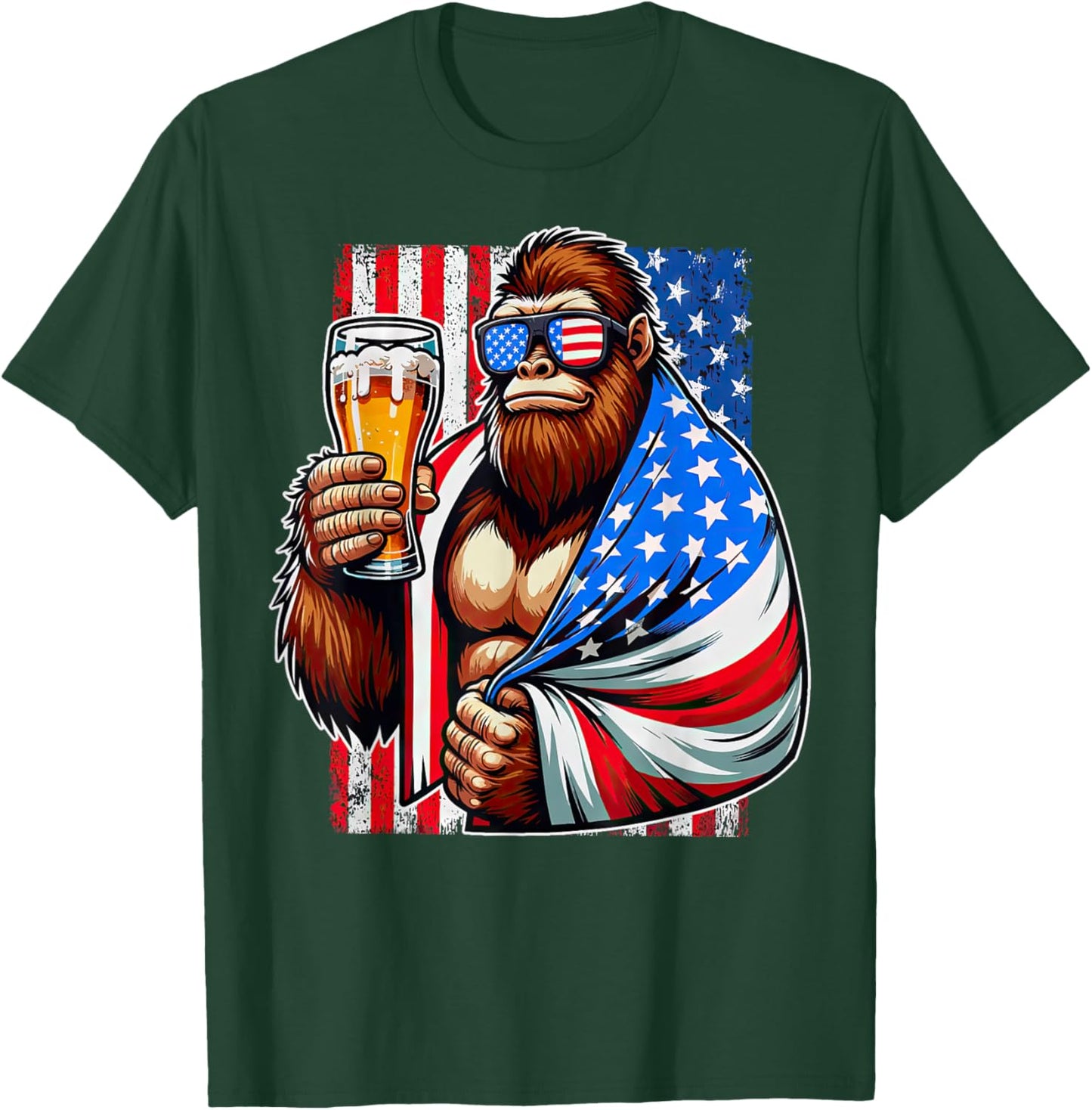 Bigfoot American Flag Drinking Beer 4th Of July Patriotic Men T-Shirt - T-Shirt | Forest