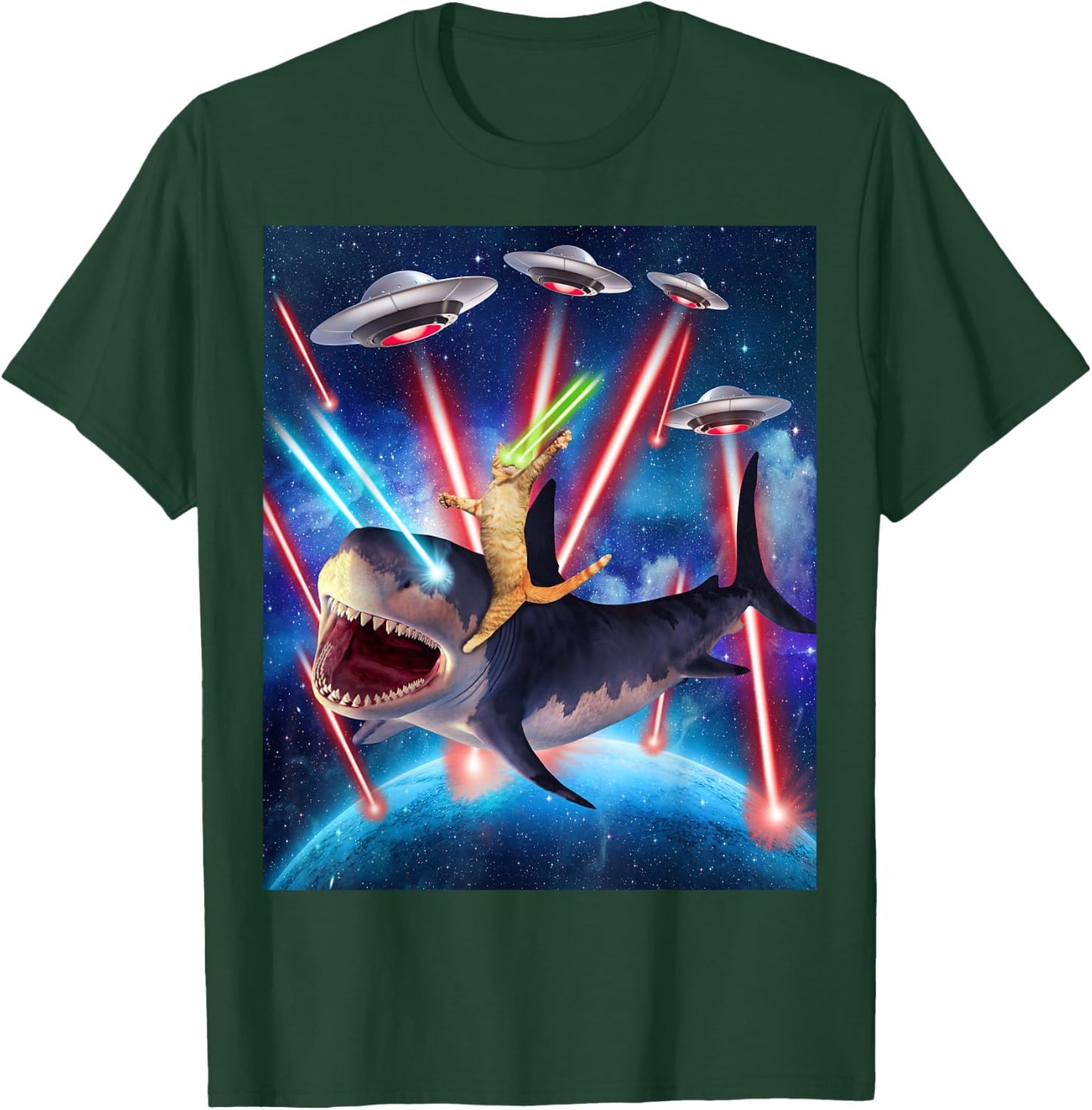 Space Cat Riding Shark Laser Eyes UFO Funny Kitty Cat Women Girls Kids T-Shirt - T-Shirt | Forest