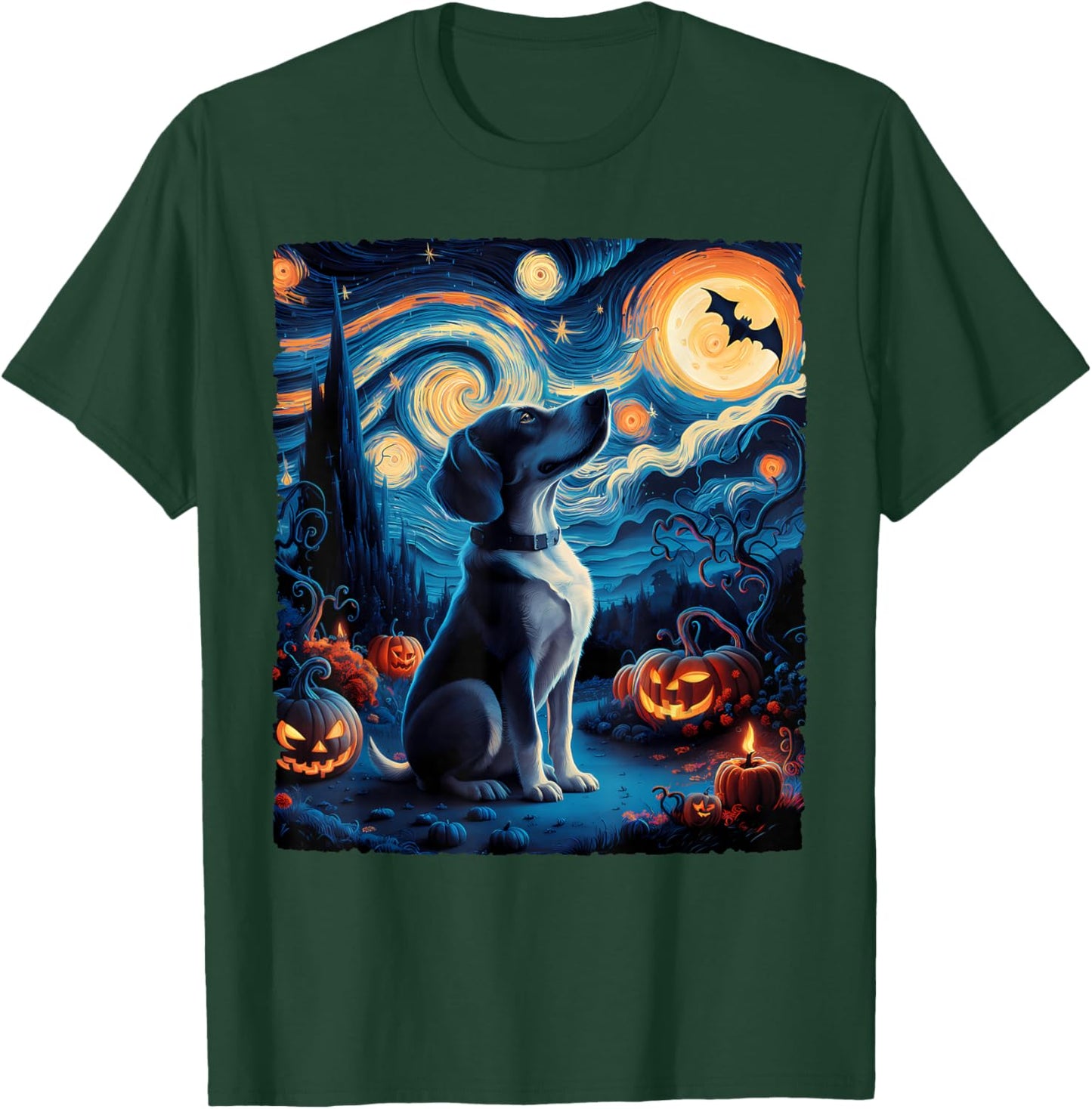 Van Gogh' Starry Night Dog Pumpkins Bats Funny Halloween Women Kids T-Shirt - T-Shirt | Forest