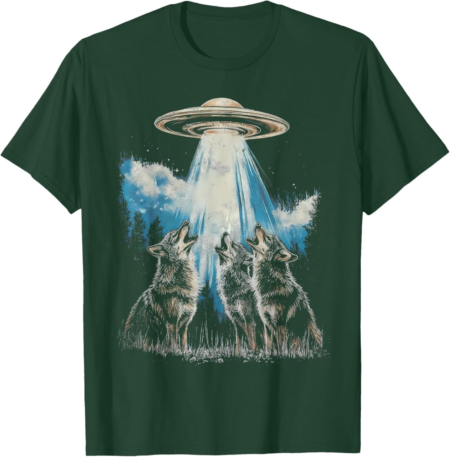 Howling Wolves Alien Abduction Wolf Vintage Sci-fi UFO T-Shirt - T-Shirt | Forest
