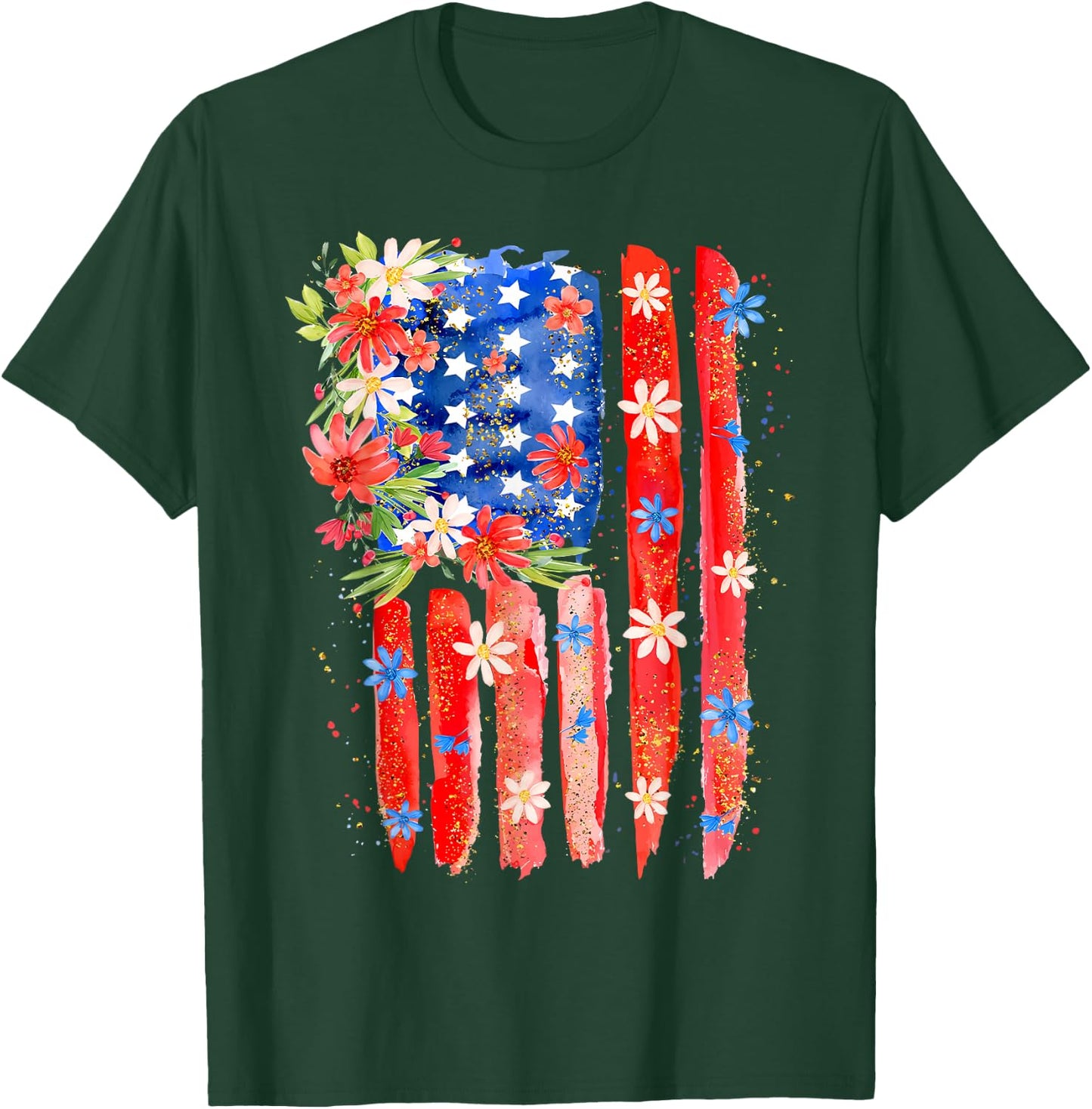 Flower Brushstroke US Flag 4th Of July Patriotic Graphic T-Shirt - T-Shirt | Forest
