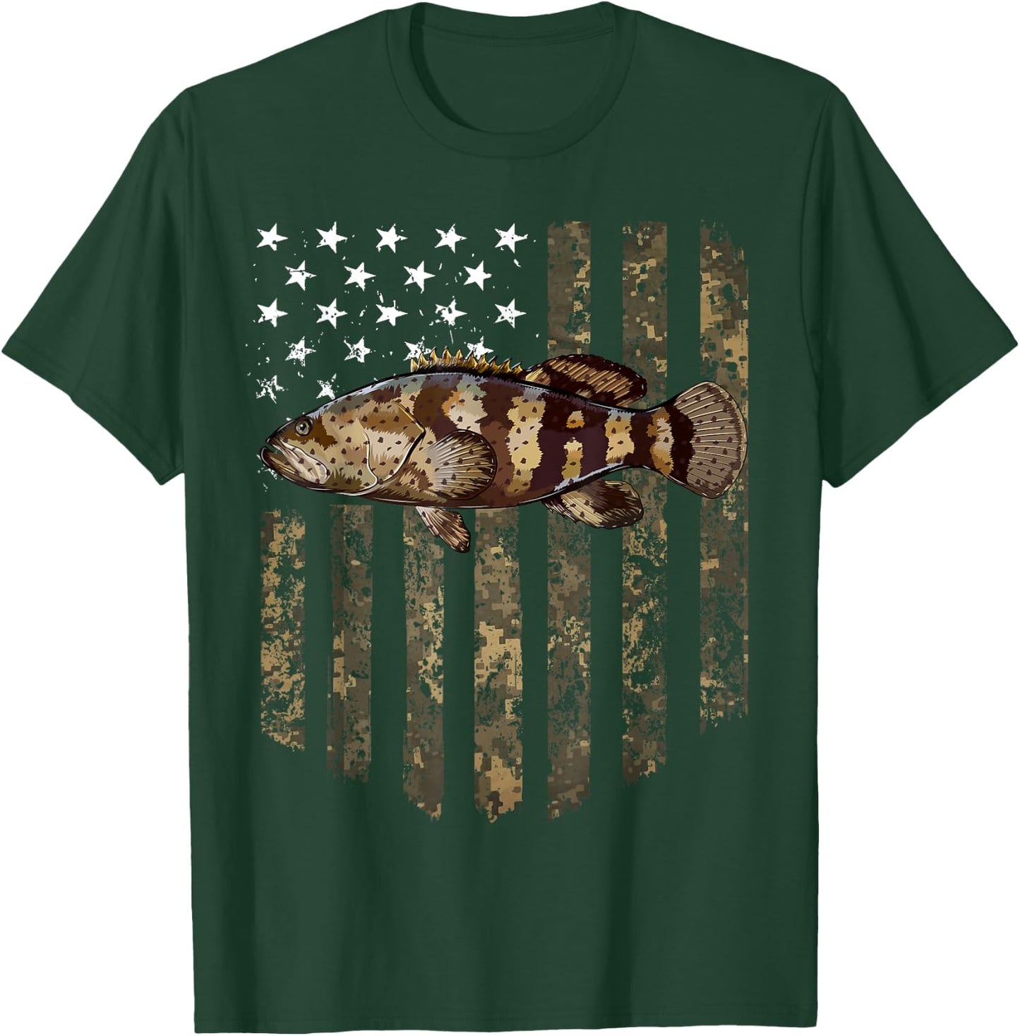 Camo American Flag Goliath Grouper Fishing 4th Of July T-Shirt - T-Shirt | Forest