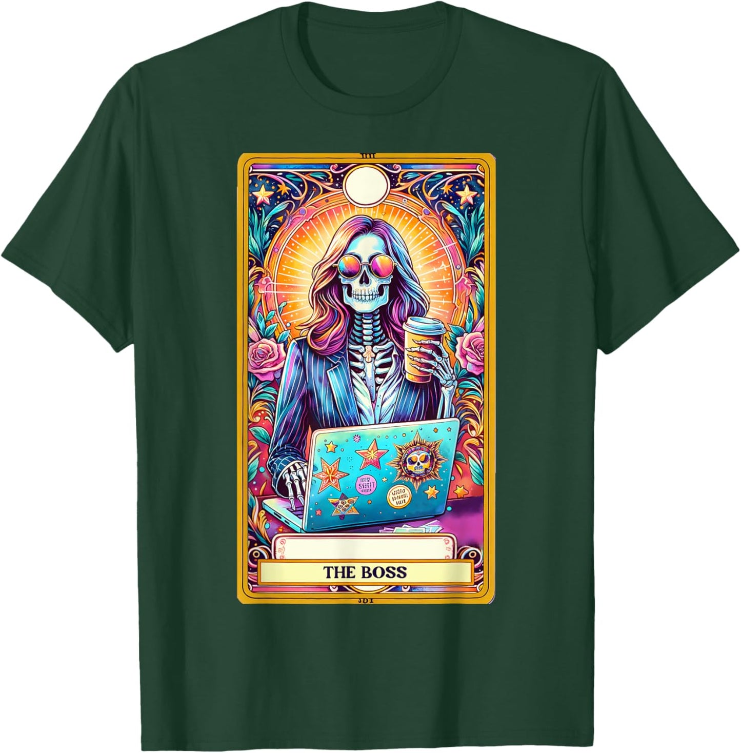 Women Boss Tarot Card Skeleton Work Hustle Leadership Coffee T-Shirt - T-Shirt | Forest