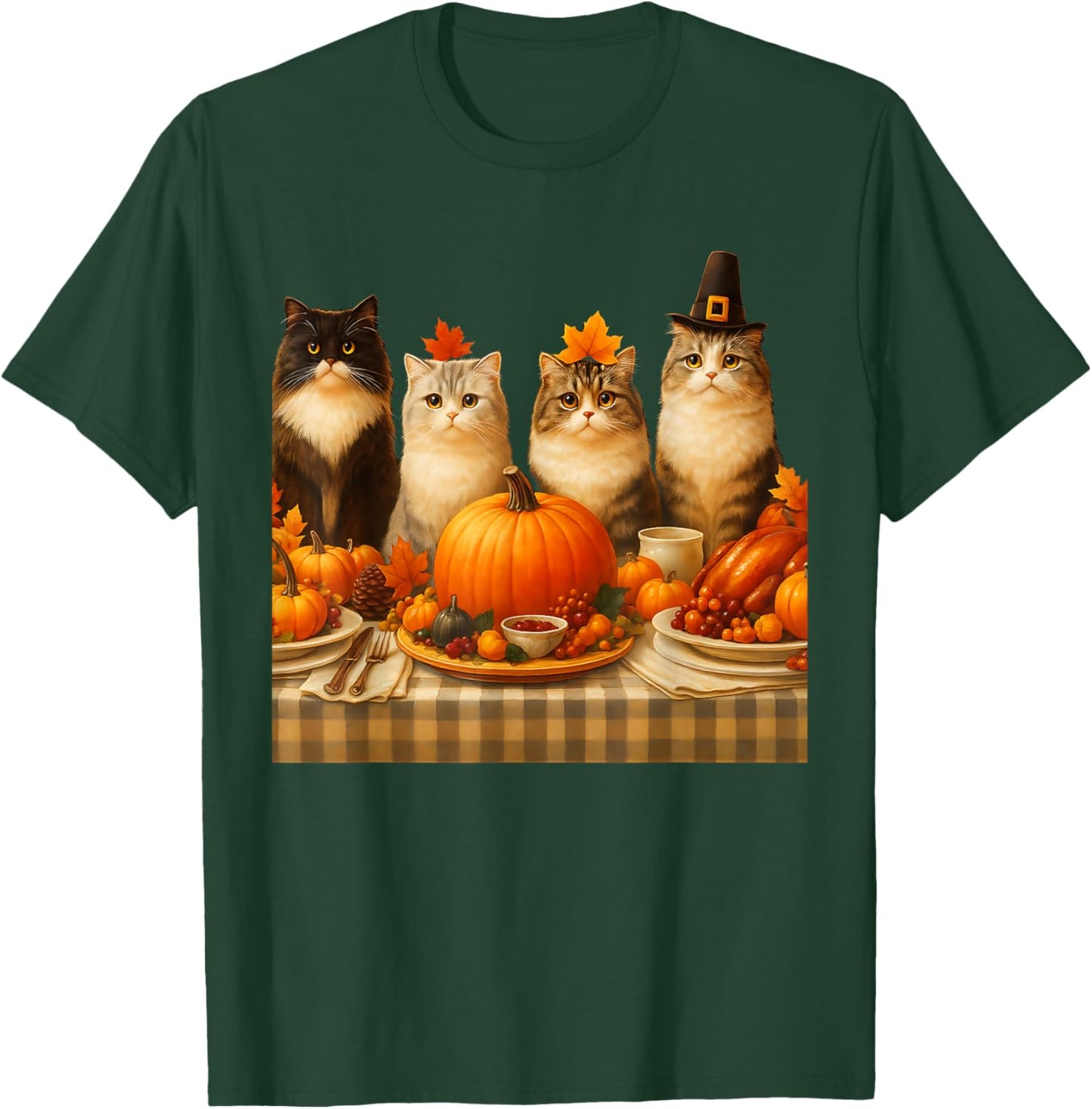 Thanksgiving Cats Dinner Feast Vintage Fall Men Women Kids T-Shirt - T-Shirt | Forest