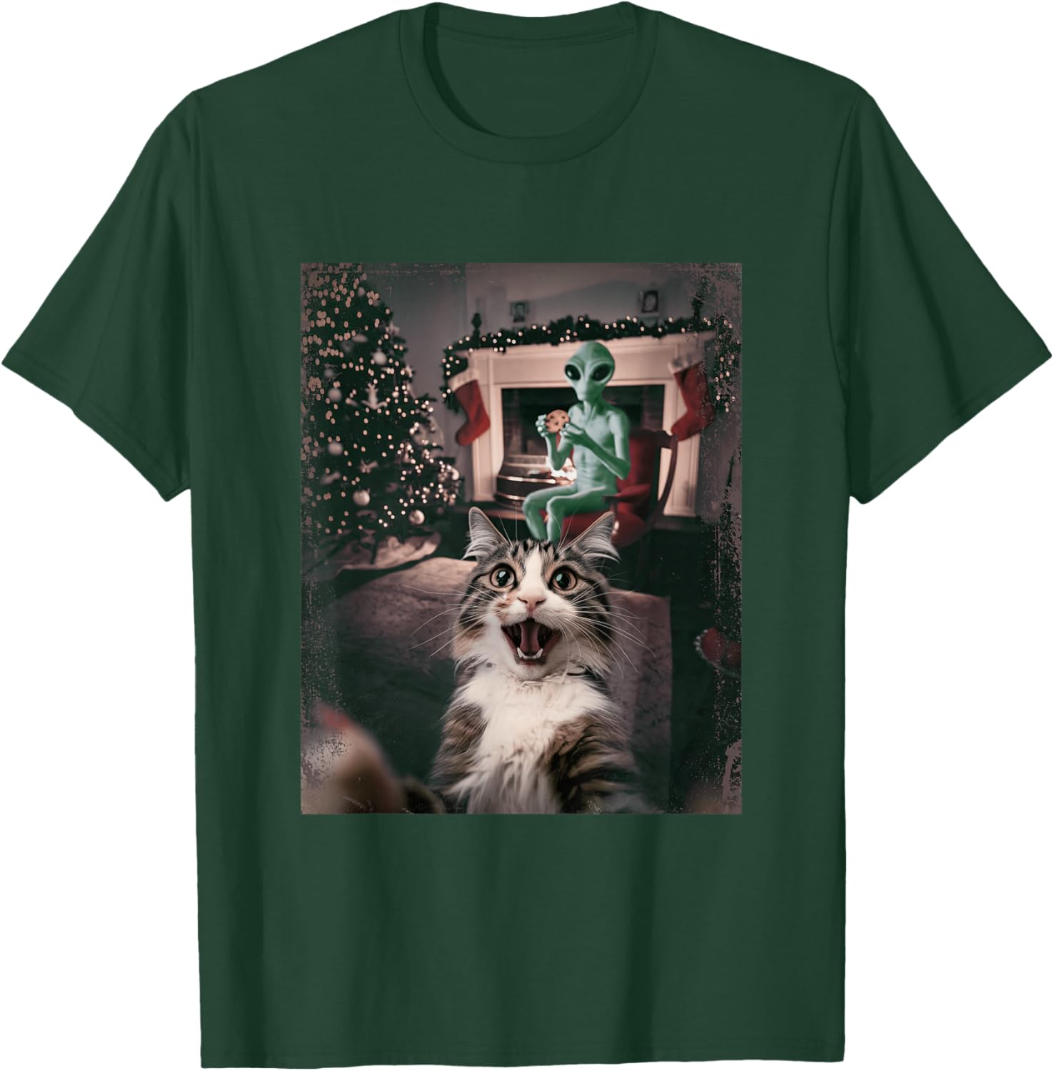 Funny Xmas Cat Selfie Alien Ugly Sweater Christmas Outfit T-Shirt - T-Shirt | Forest