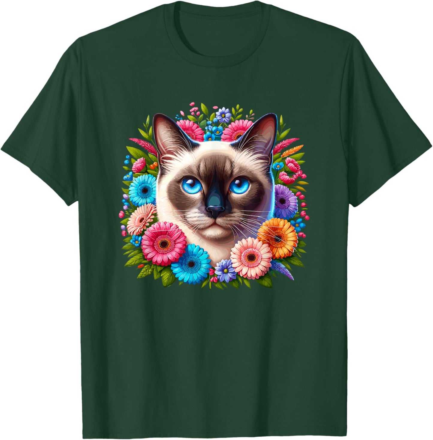 Floral Flowers Siamese Cat Meezer Men Women Kids T-Shirt - T-Shirt | Forest