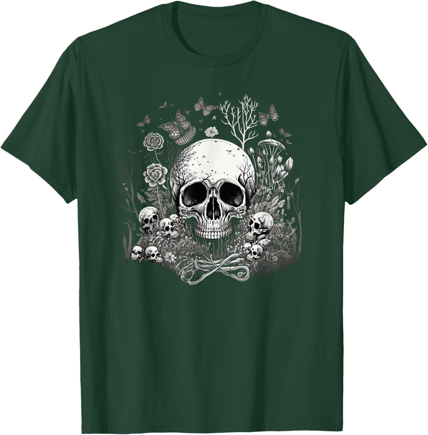 Skull with Vibrant Butterfly flower and mushroom T-Shirt - T-Shirt | Forest