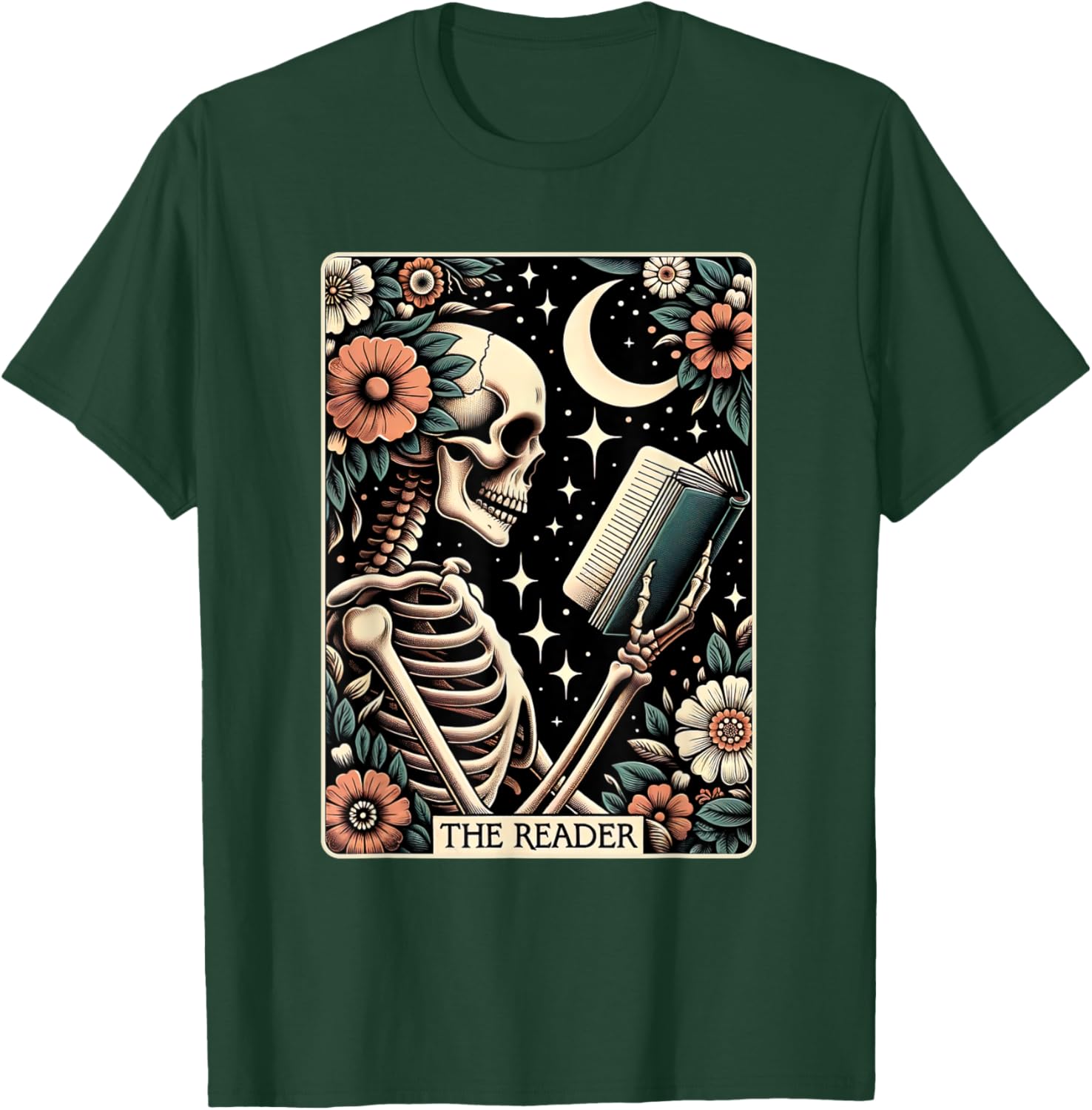 The Reader Tarot Card Skeleton Reading Book Bookworm Bookish T-Shirt - T-Shirt | Forest