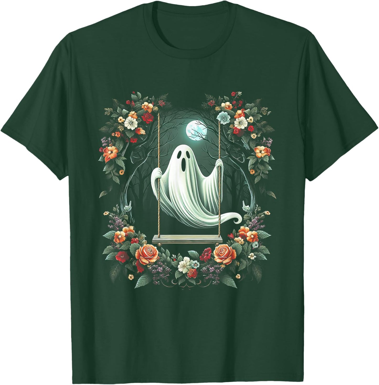 Vintage Floral Ghost On Swing In Forest Halloween Gothic T-Shirt - T-Shirt | Forest