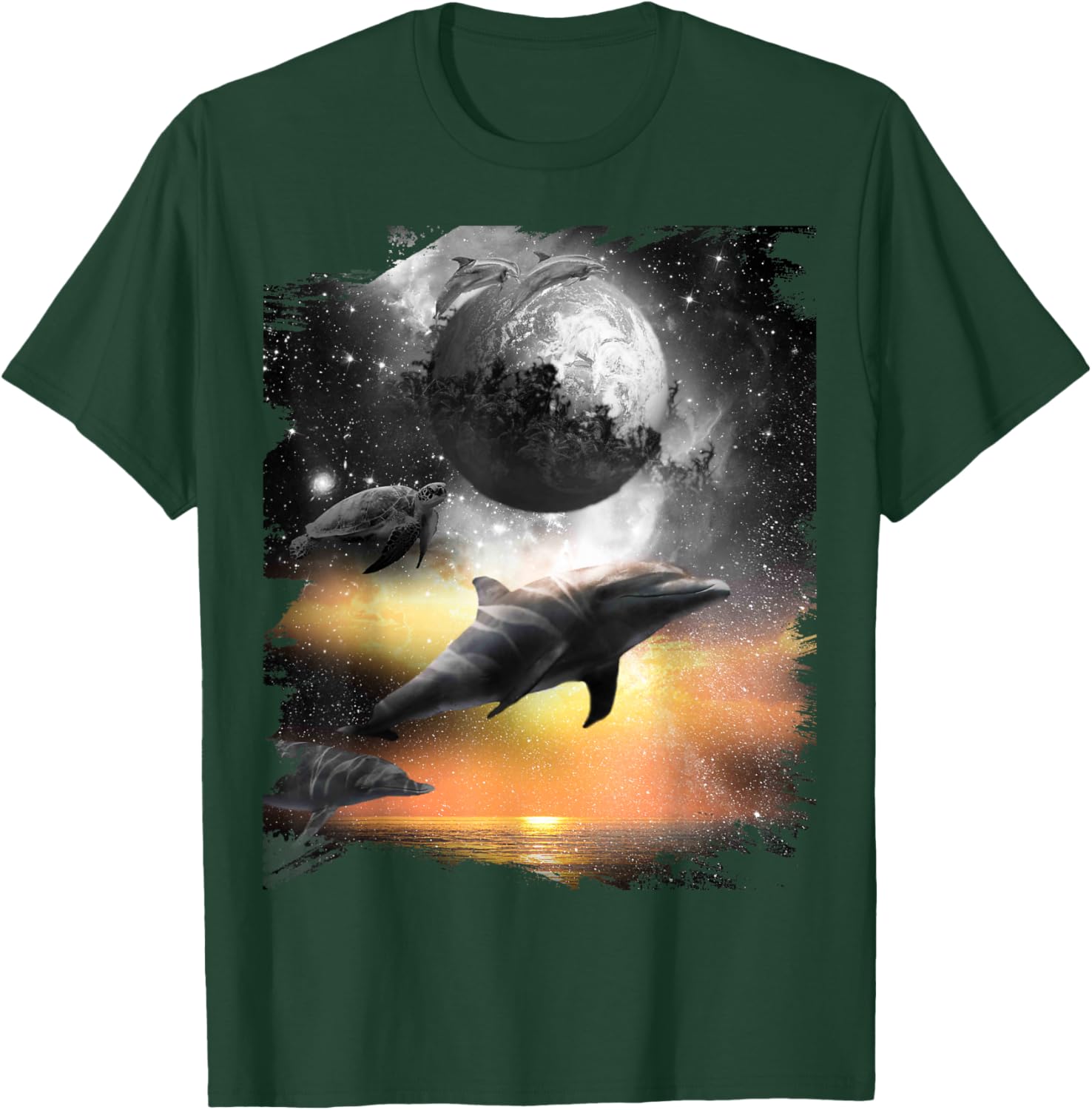 Black and White Space Dolphin, Celestial Dolphins T-Shirt - T-Shirt | Forest
