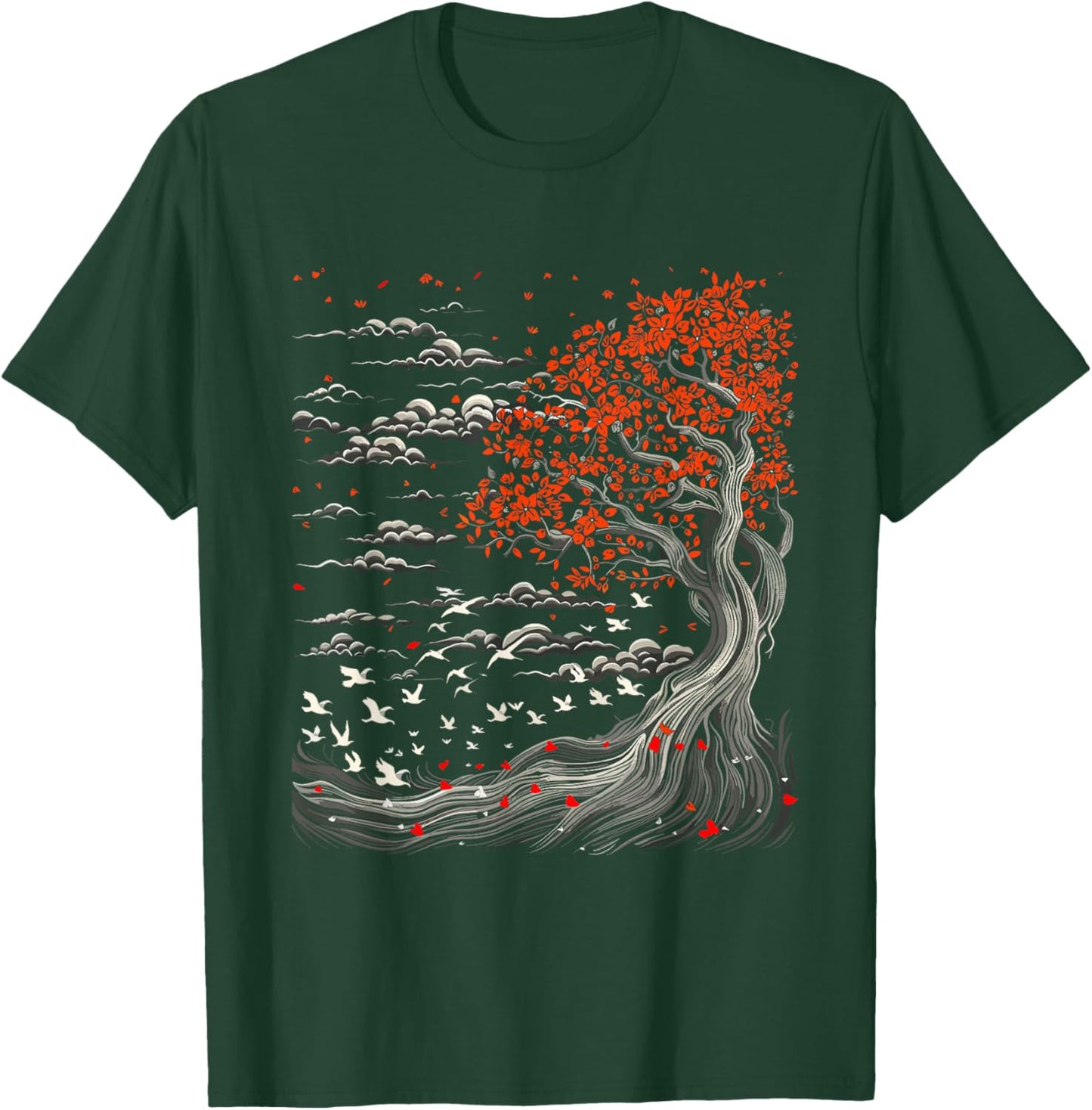 Japanese Tree, Birds, Clouds Art, Natur Lover, Men, Women T-Shirt - T-Shirt | Forest