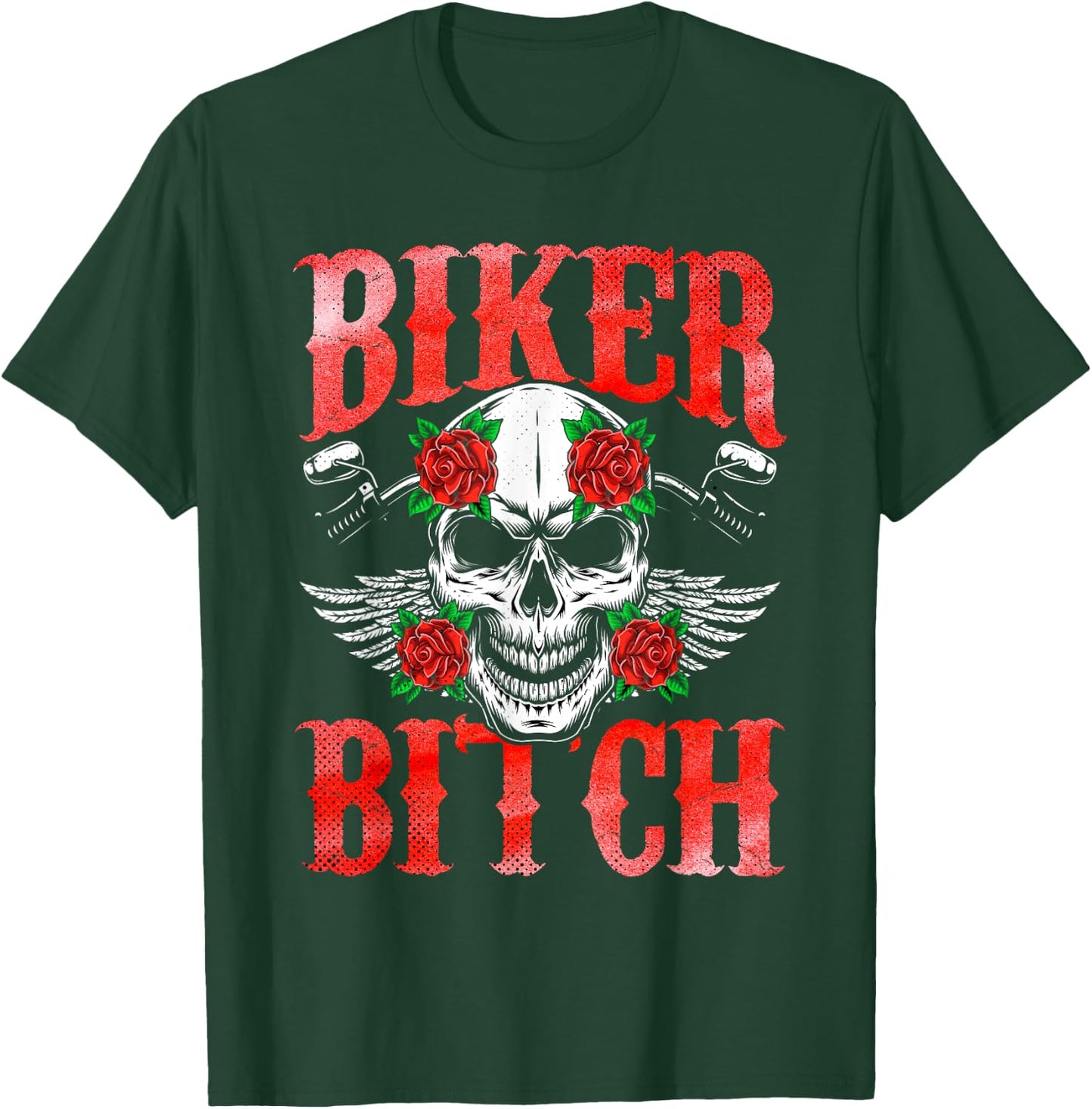 Biker Skull Motorcycle Sexy Bitch Babe Chick Red Rose Gift T-Shirt - T-Shirt | Forest