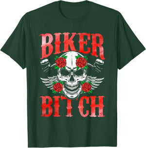 Biker Skull Motorcycle Sexy Bitch Babe Chick Red Rose Gift T-Shirt - T-Shirt | Forest