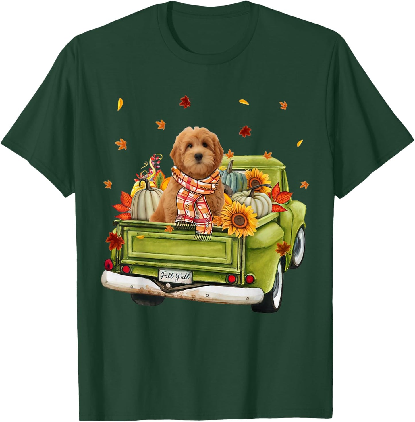Happy Fall Y'all Goldendoodle Dog On Truck Pumpkin Fall T-Shirt - T-Shirt | Forest