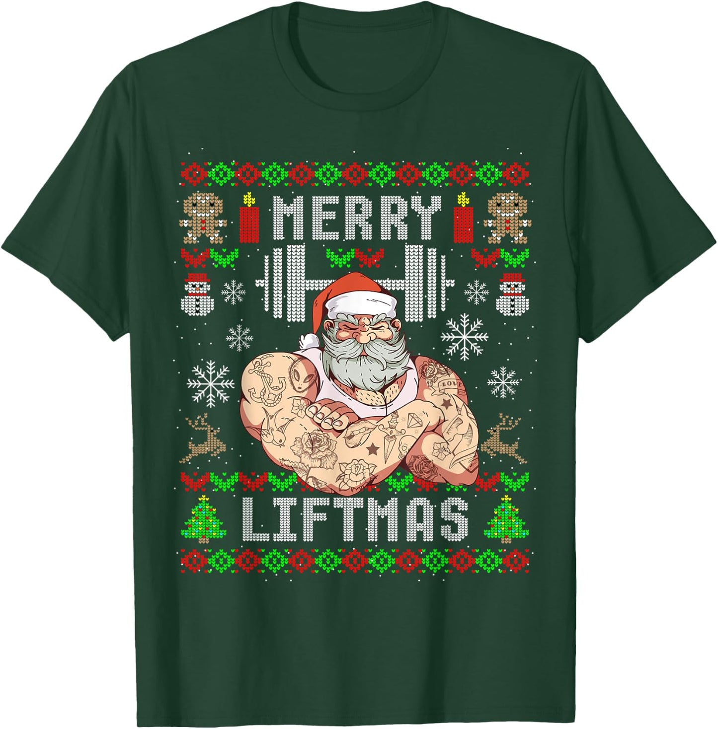 Funny Merry Liftmas Ugly Christmas Workout Powerlifting T-Shirt - T-Shirt | Forest
