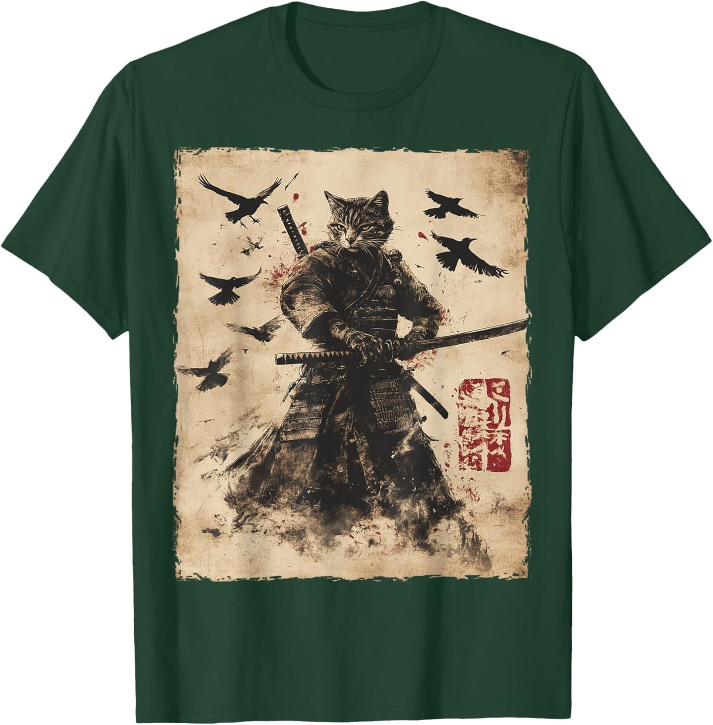 Cat Samurai Graphic Japanese Warrior Anime Men Women Kids T-Shirt - T-Shirt | Forest