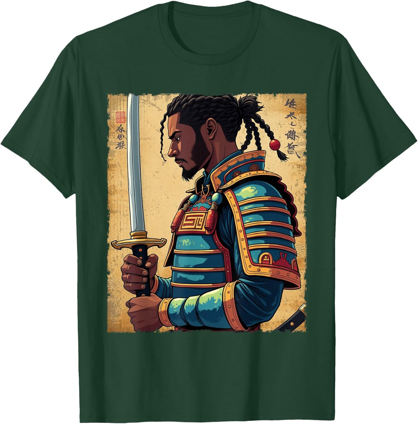 African Samurai Vintage Afro American Bushido Warrior Katana T-Shirt - T-Shirt | Forest