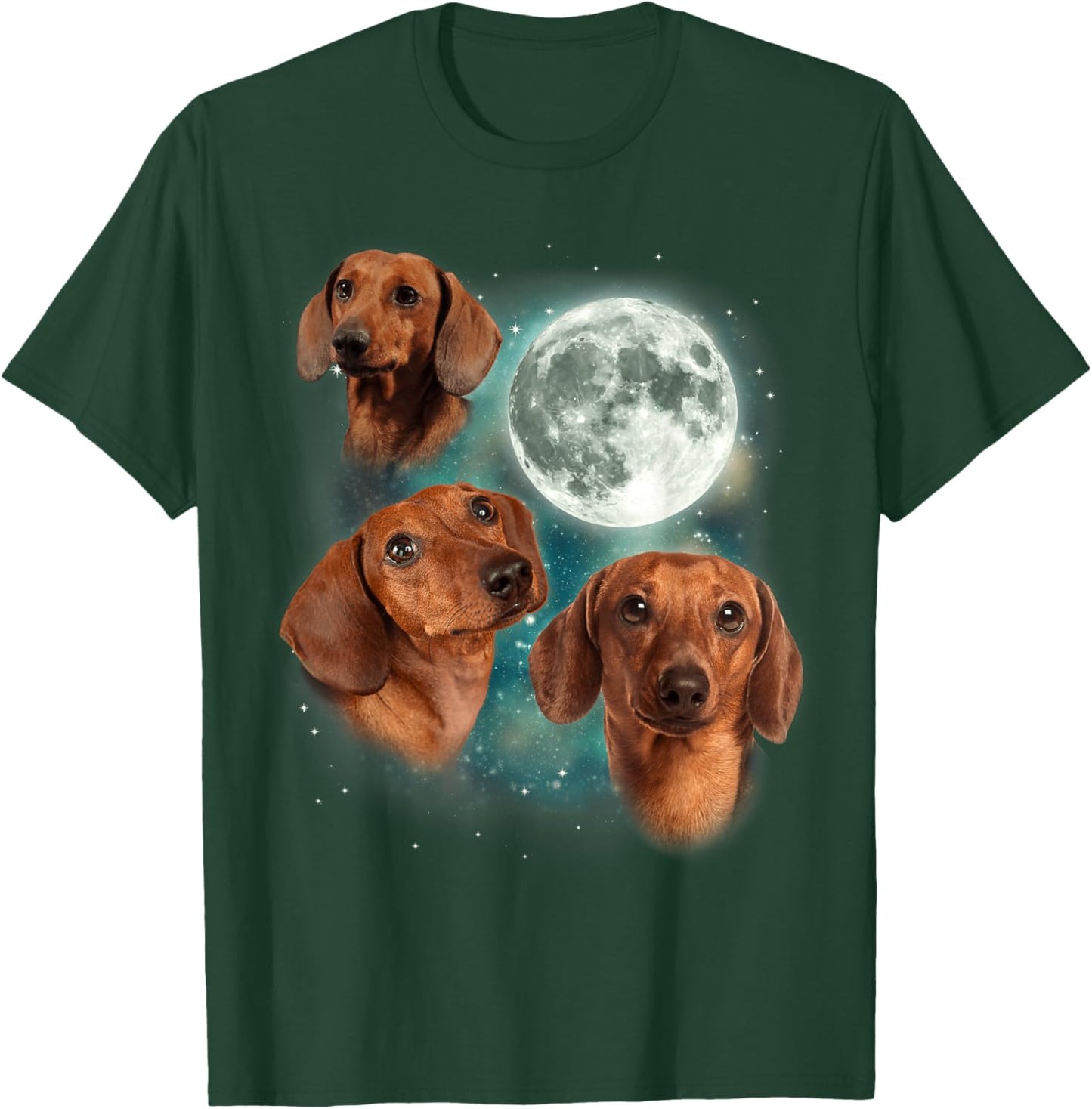Three Dachshund Moon | Wiener Dog Humorous Doggo Meme Parody T-Shirt - T-Shirt | Forest