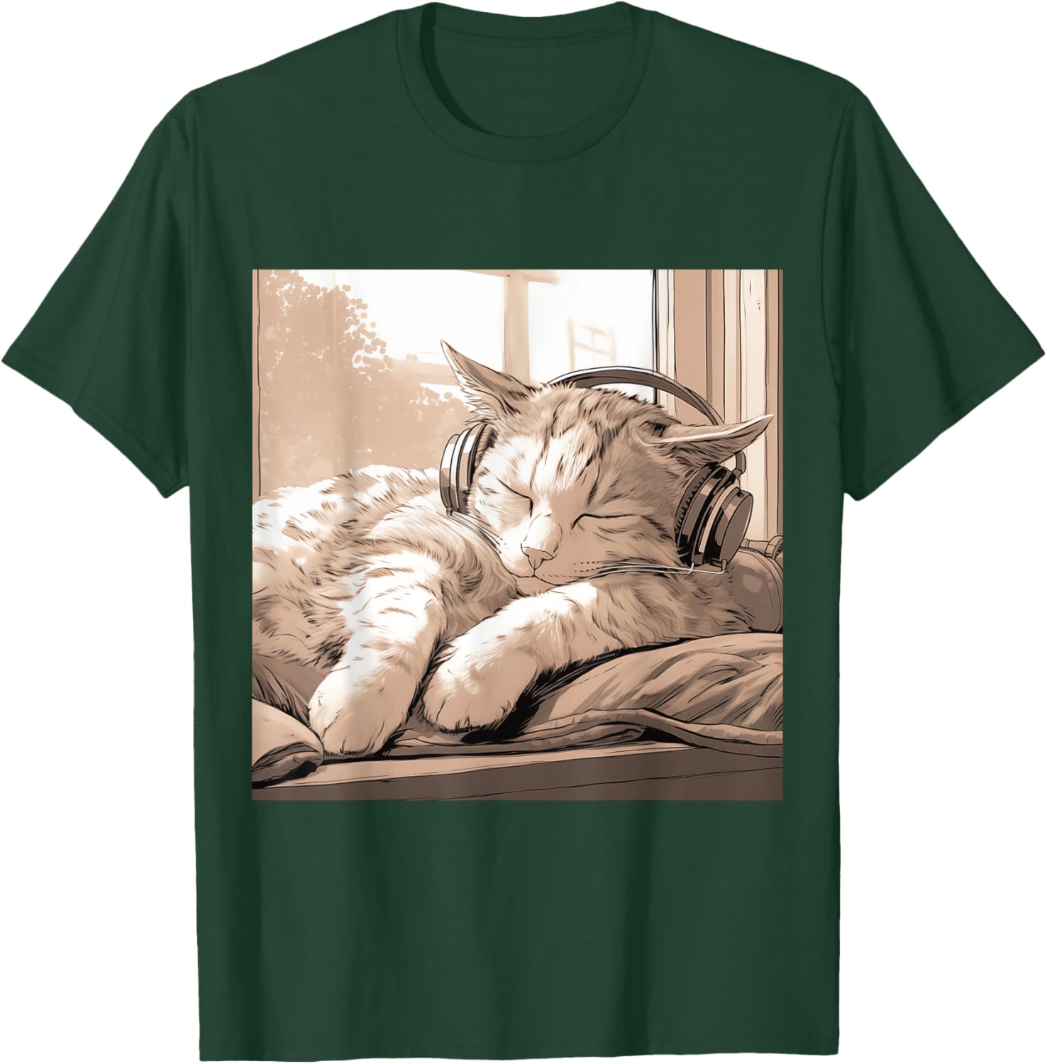 Sleeping Lo-Fi Manga Cat Wearing Headphones T-Shirt - T-Shirt | Forest