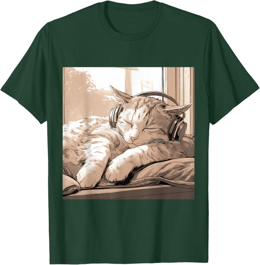 Sleeping Lo-Fi Manga Cat Wearing Headphones T-Shirt - T-Shirt | Forest