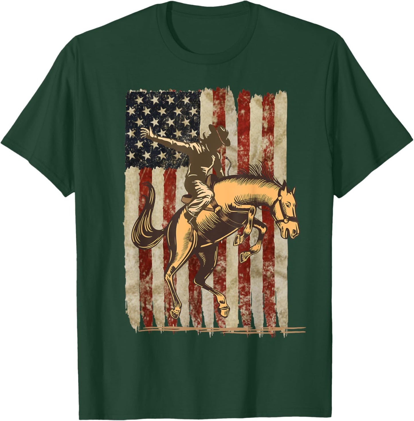 Patriotic Rodeo Cowboy Bronc Rider: Distressed US Flag T-Shirt - T-Shirt | Forest