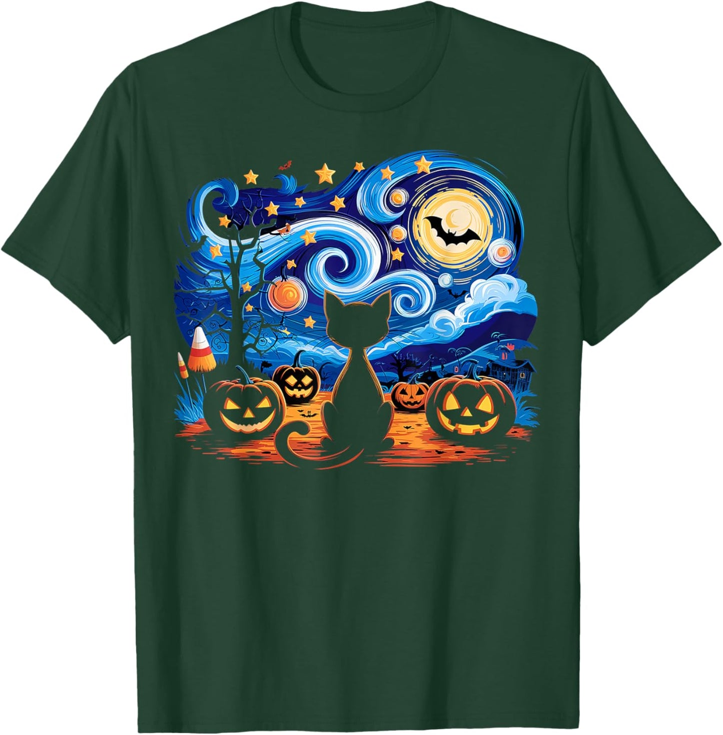 Halloween Cat Starry Night Gifts Cat Mom Cat Dad Cat Lover T-Shirt - T-Shirt | Forest