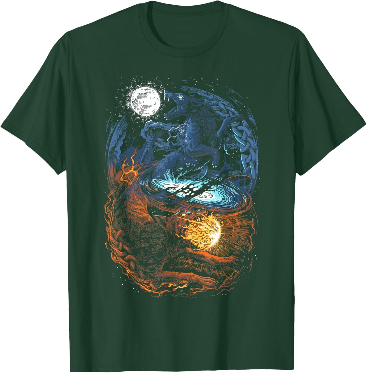 Hati and Skoll - Vikings Norse Mythology - Fenrir Wolf T-Shirt - T-Shirt | Forest