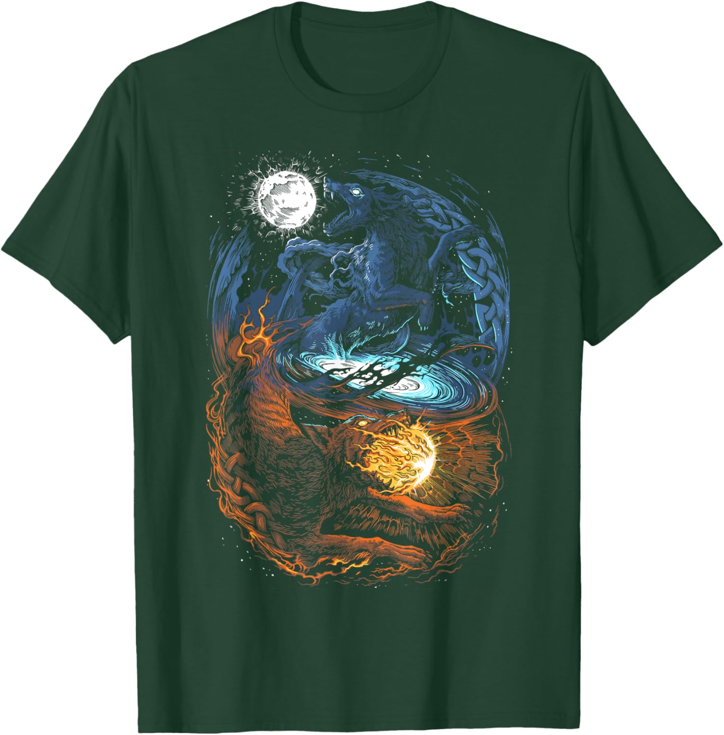 Hati and Skoll - Vikings Norse Mythology - Fenrir Wolf T-Shirt - T-Shirt | Forest